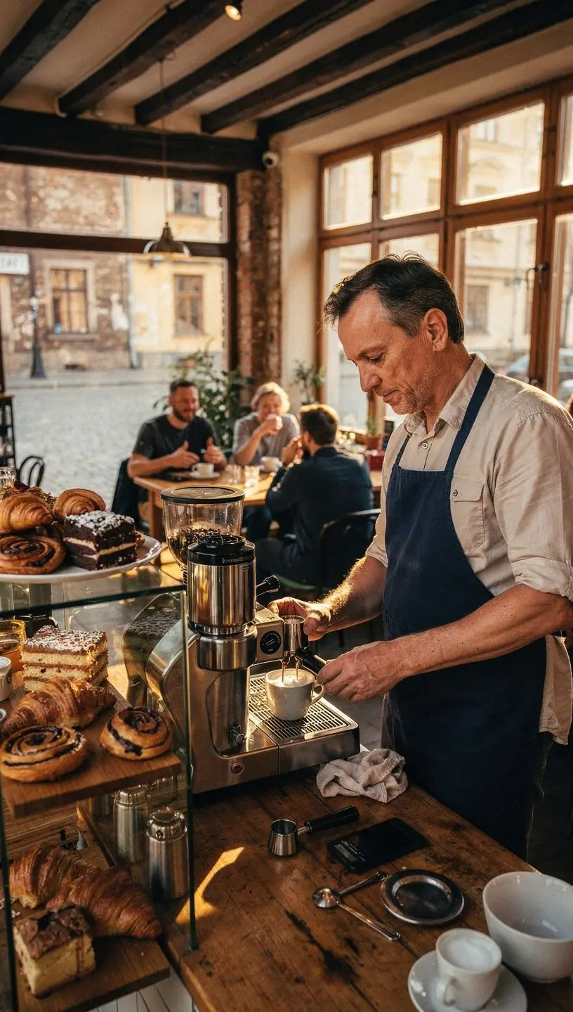 Kafijas automātu profesionālā servisa darbinieks darbībā.